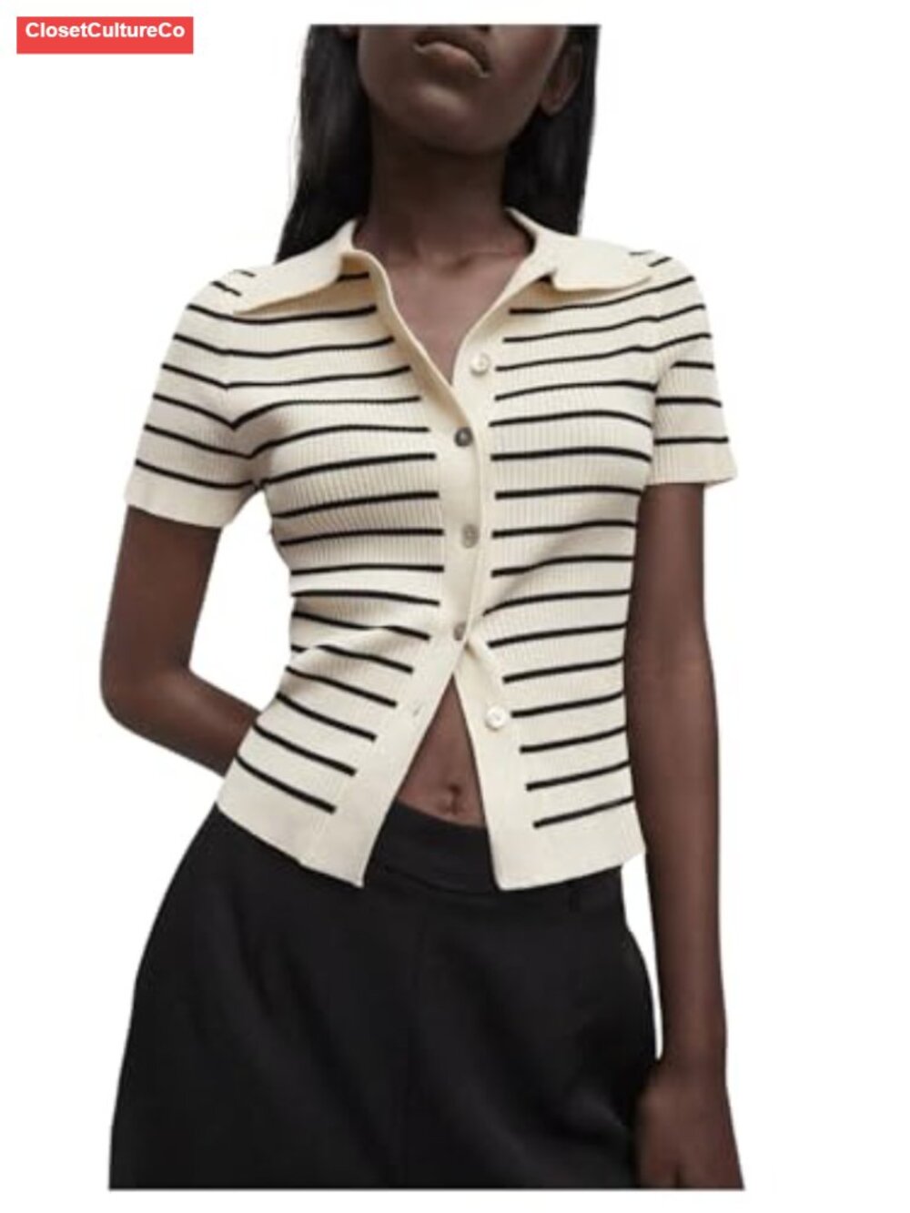 Striped Knit Button Down Collared Short Sleeve Sweater Tee Top